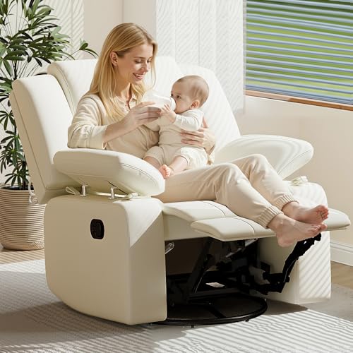 Best Recliner Chair for Breastfeeding: Comfort Meets Style and Functionality 7 AILEEKISS Rocking Chair Nursery Swivel Recliner Glider Chair with Adjustable Armrests,Headrest Rocker Nursing Chair for Breastfeeding Comfy Upholstered Living Room Reclining Chairs(Beige)