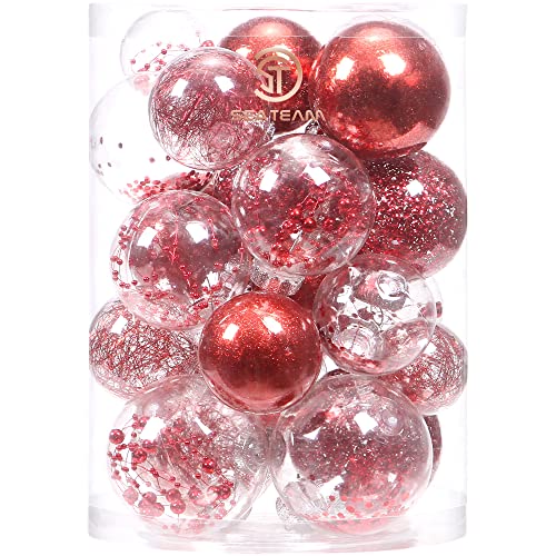 Sea Team Christbaumkugel-Set, transparent, bruchsicher, aus Kunststoff, Verschiedene Größen, mit dekorativen Weihnachtskugeln und gefüllten zarten Dekorationen, 25 Stück, Rot