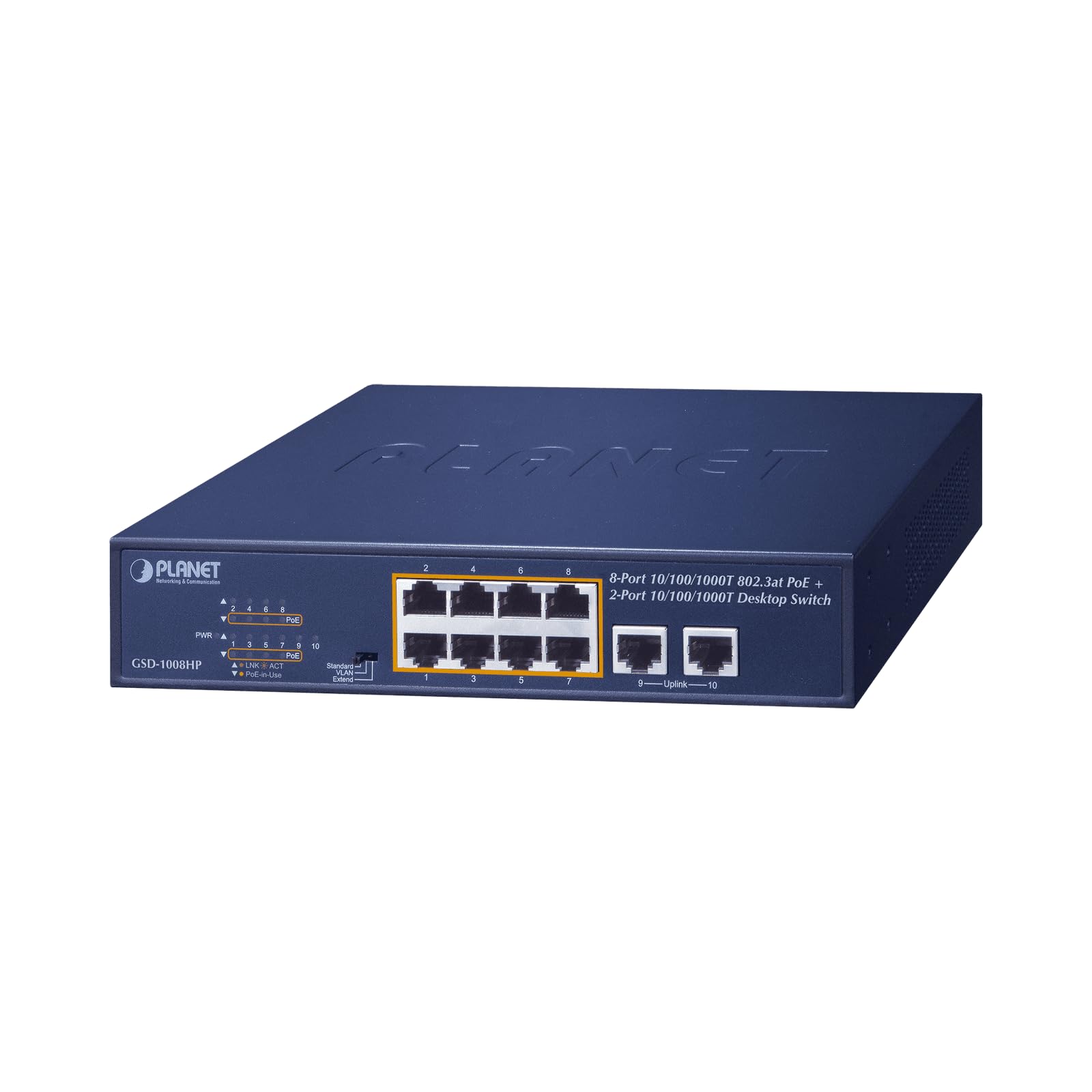 Planet 8-Port 10/100/1000T 802.3at PoE + 2-Port 10/100/1000T, GSD-1008HP (PoE + 2-Port 10/100/1000T Desktop Switch (120W PoE Budget, Standard/VLAN/Extend Mode, 10-inch and Rack-Mou)
