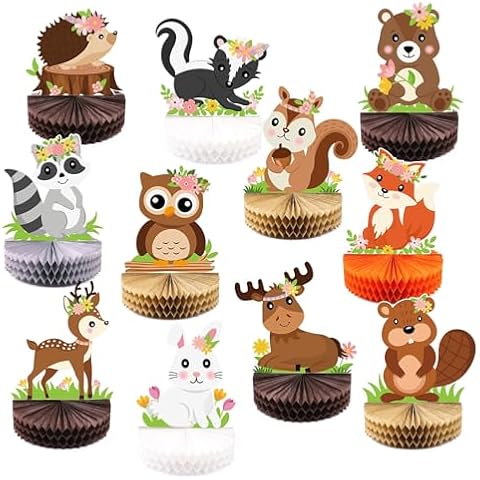 Distaratie 11PCS Floral Woodland Honeycomb Centerpieces Flowers Boho Forest Creatures Table Toppers Woodland Baby Shower Welcome Baby Nursery Carbin Wild Animal Party Supplies Fox Bear Shaped 3D Decor Cover