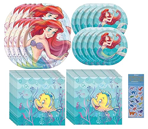 The Little Mermaid Ariel Birthday Party Supplies Bundle includes 8 Dessert Cake Paper Plates, 8 Lunch Paper Plates, 16 Lunch Napkins, 1 Dinosaur Sticker Sheet