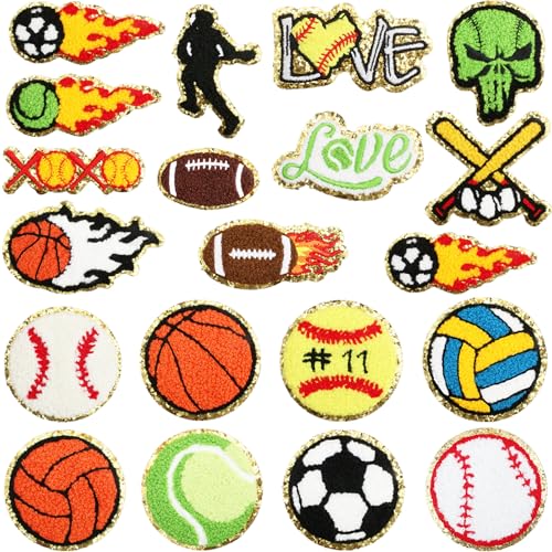 VVZOWW 20PCS Embroidery Patch Set for Balls Featuring Volleyball, Rugby, Football, Baseball Designs Made with Towel Embroidery and Chenille Embroidery Techniques. A Must-Have Collection for Sports