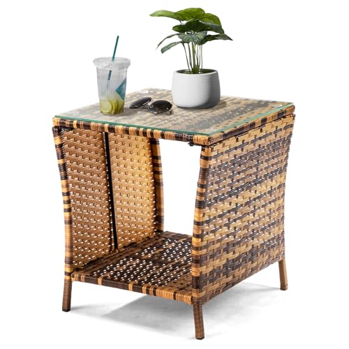 Wicker Rattan Side Table, Outdoor Square Rattan Coffee End Table with Tempered Glass Top and Storage for Patio Porch Lawn (Yellow Gradient)