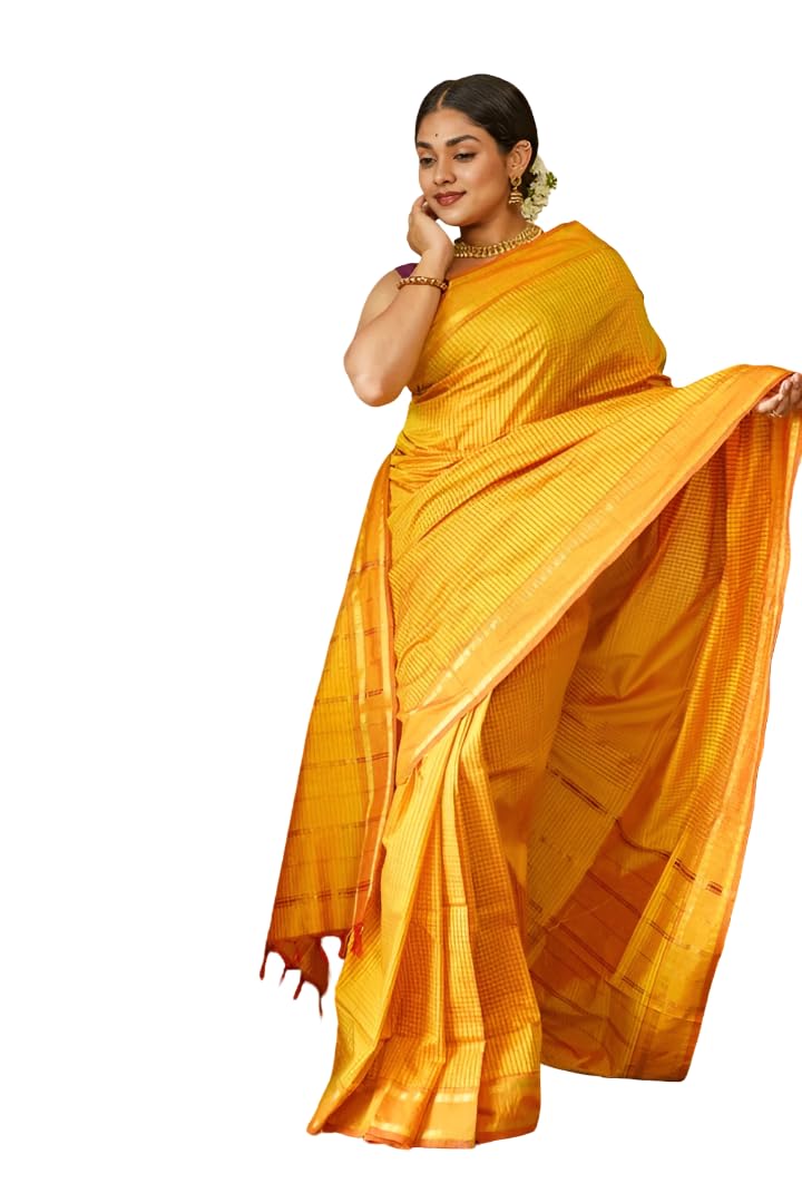 Women's Kanjivaram Soft Gadwal Cotton Silk Checked Saree With Blouse Piece | Linen Silk Saree with Rich Zari Pallu | Attach Un-stitched Blouse-image-39