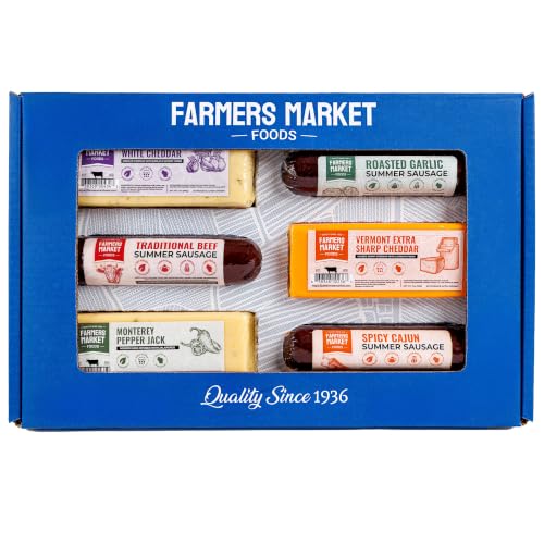 Farmers Market Classic Charcuterie Gift Box with Summer Sausages & Cheese | Roasted Garlic, Cajun, Traditional Smoked Beef Sausage with Extra Sharp & Garlic Herb White Cheddar, and Monterey Pepper Jack