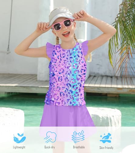 Image of Girls Swimsuit 2 Piece Ruffle Bathing Suit UPF 50+ Tankini Swimsuit Skirt with Lining Size 3-10