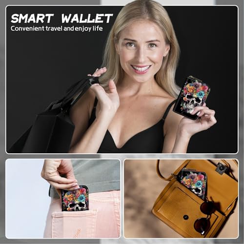 Image of Cute Credit Card Holder with Zipper, Sugar Skull Flowers RFID-Blocking Card Case Small Wallet for Women Men, Multi-slot Card Organizer Case Travel Accordion Wallet