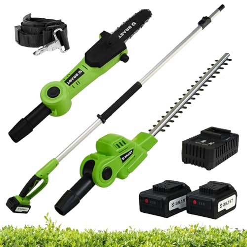 BRAST® Teleskop-Heckenschere und Hochentaster | 2in1 Funktion | 2X 20V 4Ah Akkus + Ladestandsanzeige | stufenlos verstellbar | inkl. Schnellladegerät, gummierter Griff + Schultergurt