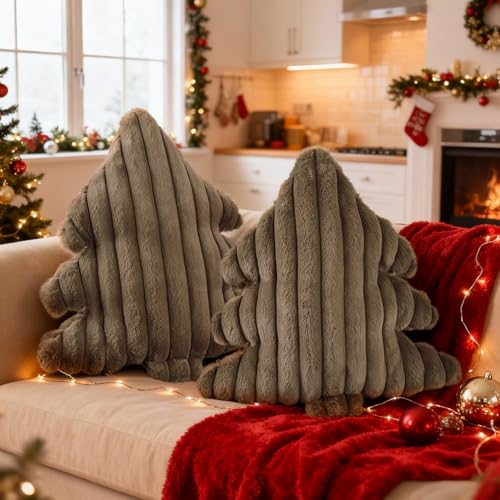 Image of Lanpn Christmas Tree Pillows Set of 2, Christmas Decoration Wide Stripes Winter Throw Pillows Soft Cute 3D Shaped Xmas Tree Throw Cushion for Sofa Bedroom Xmas Decor (18x16 inch, Brown)