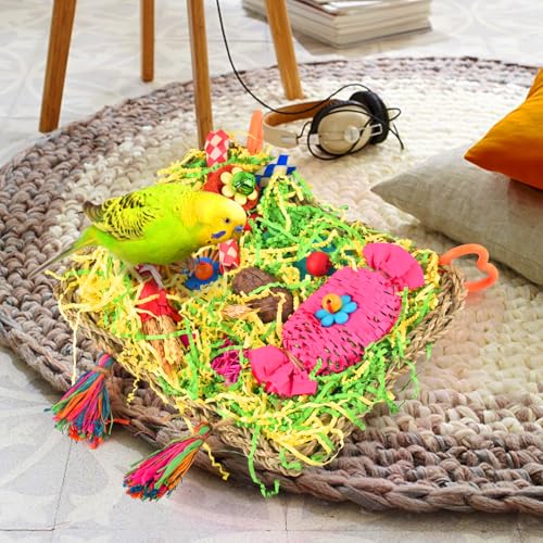 KATUMO Bird Toys - Large-Sized Grass Mat with Colorful Parrot Foraging Shredder Hanging Toys for Conure and Other Birds