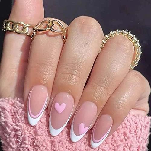 ANDGING White Almond Press on Nails Short Medium French Tip Fake Nails Stiletto Glue on Nails for Women with Pink Heart Design, Cute Gel False Nails Reusable Full Cover Stick on Nails for Wedding 24Pc