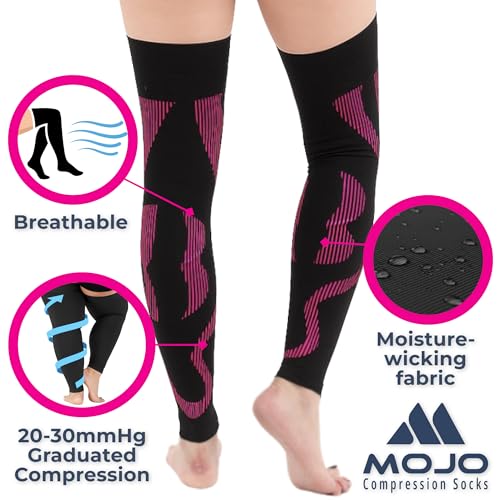 Image of Mojo Compression Socks - 20-30mmHg Graduated Support Thigh-Hi Leg Sleeves with Grip Top - Reduces Swelling, Ideal for Varicose Veins, Lymphedema, DVT Treatment - 1 Pair | Grip top, unisex, supports circulation, varicose veins, swelling, lymphedema, pregnancy, nursing, travel, post surgery, A609