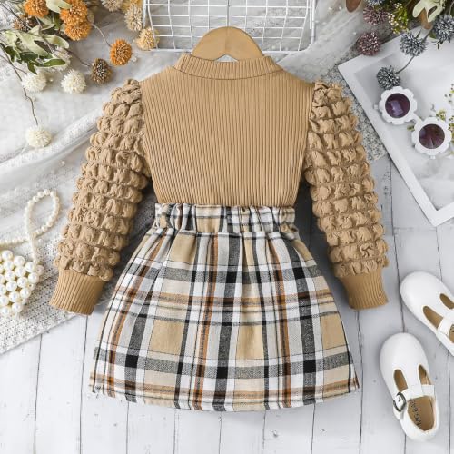 Image of Noubeau Toddler Girls Plaid Outfits Girls Puff Sleeve Knit Ribbed Shirt Tops Plaid Skirt Set Kids Fall Winter Clothes