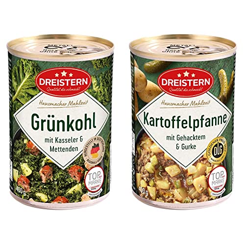 DREISTERN Grünkohl mit Kasseler und Mettenden 400 g I leckeres Fertiggericht mit Gemüse in der praktischen recycelbaren Konserve & Kartoffelpfanne mit Gehacktem & Gurke, 400 g