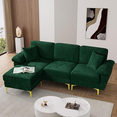 OUYESSIR L Shaped Sectional Sofa Couch, 3 Seat Velvet Sofa with Ottoman and Pillows, Upholstered Comfy Couch Sleeper for Living Room, Bedroom, 88 inches (Green) Cover