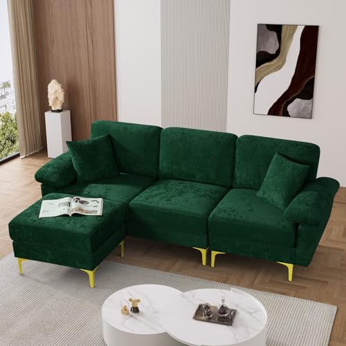 Image of OUYESSIR L Shaped Sectional Sofa Couch, 3 Seat Velvet Sofa with Ottoman and Pillows, Upholstered Comfy Couch Sleeper for Living Room, Bedroom, 91 inches (Green)