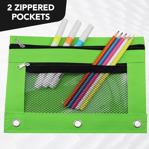 Image of 3 Ring Pencil Pouch for Binder, 2-Pocket Zipper Pencil Case with Clear Window & Mesh Pocket, 600D Oxford Fabric Binder Pouch for School Office Supplies, Fits Standard 3-Ring Binders, Green