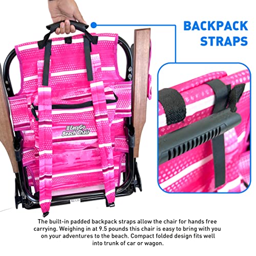 Easygo Product Backpack Beach Chair 5 Positions And Cup Holder Pouch On Side Padded Pillow Storage Bag On Back Lightweight Rustproof Aluminum Black Frame, 1 Pack, Pink #TOP2