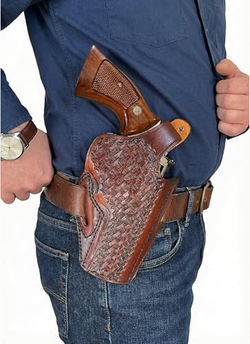 Leather Holster Fits Colt Python, Colt King Cobra / 357 Magnum - Thumb Break - Basket Weave - Genuine Leather - Handmade - ShnLeaher (Brown, Colt Python 4.25 inch Barrel)