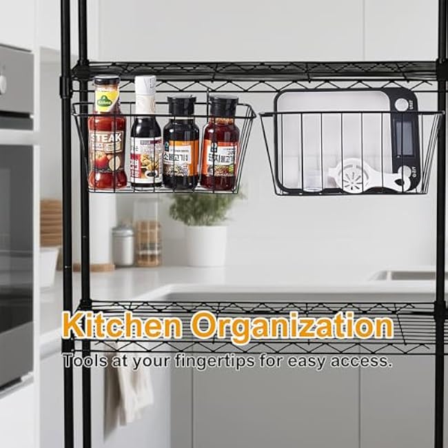 4 Pack Large Grid Wall Baskets with S-Hook - Gridwall Accessories Set Black Metal Hanging Shelf Basket Bins Organizer - Modular Storage Holders for Photo Display Panel Shelving Caddy for Garage