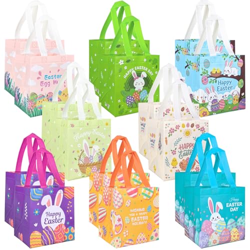 Yokodaza 16 Pack Easter Gift Bags with Handles Reusable Non-Woven Treat Totes Bunny Carrot Chick Egg Designs Holiday Party Favors for Kids Adults Easter Egg Hunt Supplies Gift Wrapping Baskets