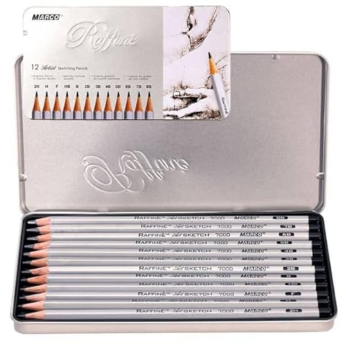 Raffine Artist Graphite Pencils Set for Drawing, Sketching, Writing, Tin Gift Box, 12 Degree Set -2H, H, F, HB, B, 2B, 3B, 4B, 5B, 6B, 7B, and 8B (12 pc)
