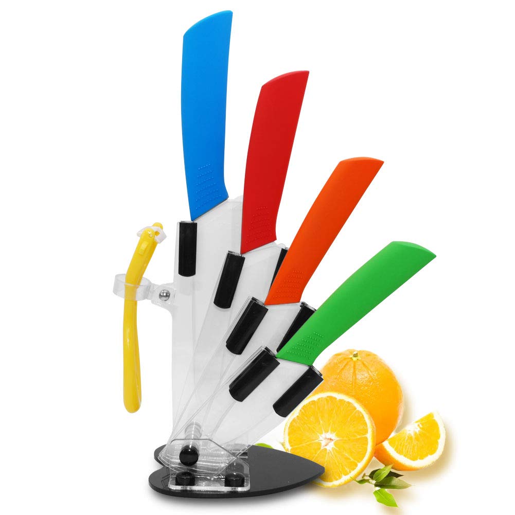 Color Ceramic Kitchen Knife Set,5-Piece Professional Knife Set with Acrylic Block Stand,6"Chef Knife,4"Fruit Knife,Knife+Vegetable Fruit Peeler,Ultra