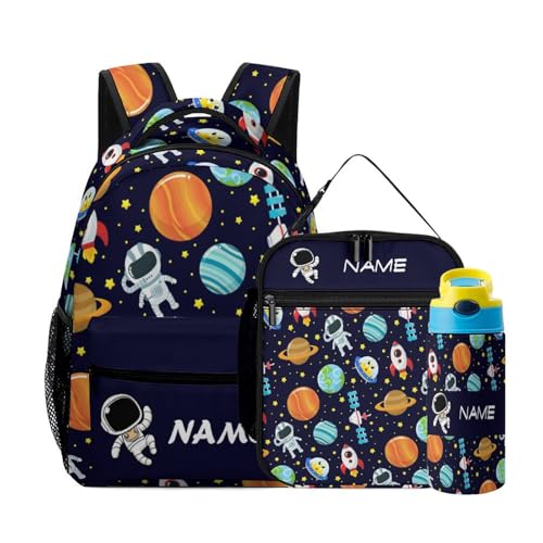 Custom Astronaut Galaxy Planets 3 Piece Backpack Set Add Name Personalized School Bag with Lunch Bag Kid Water Bottle Customization Bookbag for Students Back to School