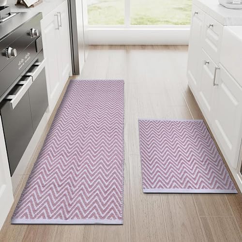 Image of THE HOME TALK Set of 2 Cotton Chenille Bath Rug | Area Rug for Spa, Vanity Shower, Kitchen & Living Room | Water Absorbent Linens | Soft Carpets | Bathroom Accessories (40x60 + 40x120 cm, Pink)