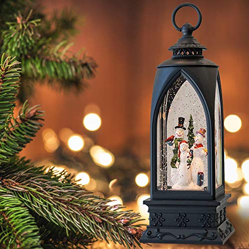 Image of Eldnacele 12 inch Christmas Snow Globe Lantern Snowman with Music & Timer, USB Lined /Battery Operated Lighted Water Glittering Lantern for Christmas Festival Decoration Gifts - Snowman