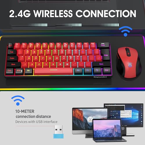 Image of Snpurdiri 2.4G Wireless Gaming Keyboard and Mouse Combo, 60 Percent Wireless Keyboard and Ergonomic Vertical Feel Small Mouse (Black and Red)