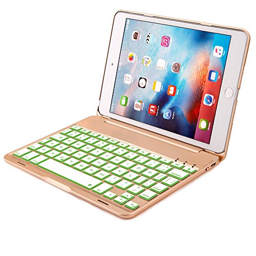 iPad Mini 4 Keyboard Case, iEGrow F8Smini+ Wireless Bluetooth Keyboard with Protective Case, 7 Colors Backlit Key Board Cover for iPad Mini 4 Model A1538/A1550(Gold)