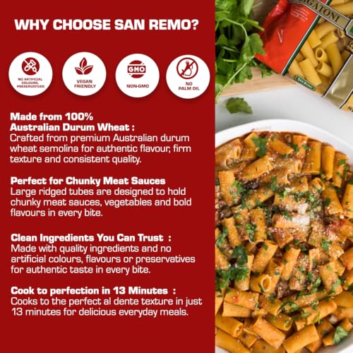 Image of San Remo Rigatoni Pasta 500g | Healthy No Maida | Australian Durum Wheat Semolina | Ridged Tube Shape | Holds Chunky Sauces | Ideal for Bakes | Vegan