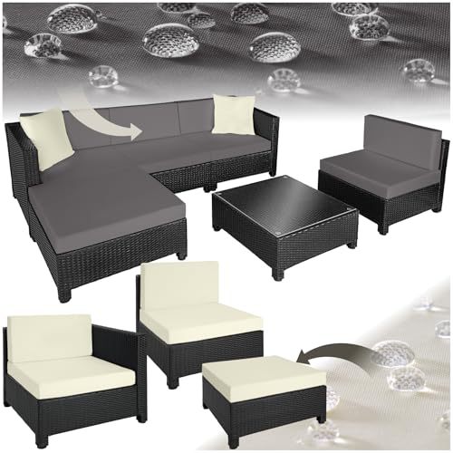 tectake® Salon de Jardin Exterieur 5 Places Resine Tressee Poly Rotin Modulable Aluminium avec Rembourrage de 10 cm + 2 Sets de Housses + Table de Jardin...