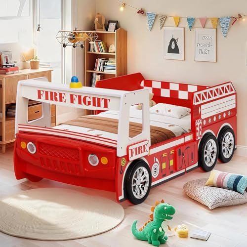 YWUFUART Bed Frames for Kids Fire Truck-Shaped Wooden Platform Bed Frame with LED Lights, Bed Platform with Wood Slat Support, Twin Size Chidren Bed Frame of Car Design,Fits Standard Twin Mattres(Red)