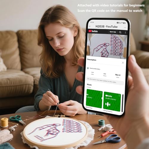 Image of Crafmanoe Easy Hand Embroidery Kits for Beginners Adults, Focus Embroidery Starter Kits, Counted Cross Stitch Kits for Beginners Craft Kits for Adults Women, Embroidery Hoops, Thread & Video Tutorial