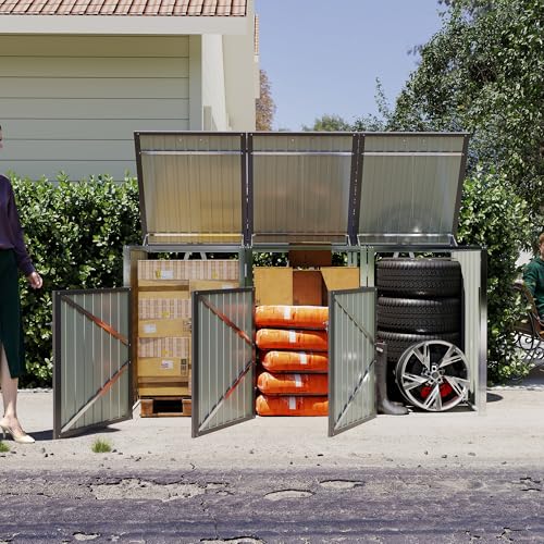 RockRain 3-Bin Trash Can Shed: Lockable Metal Storage for Backyard