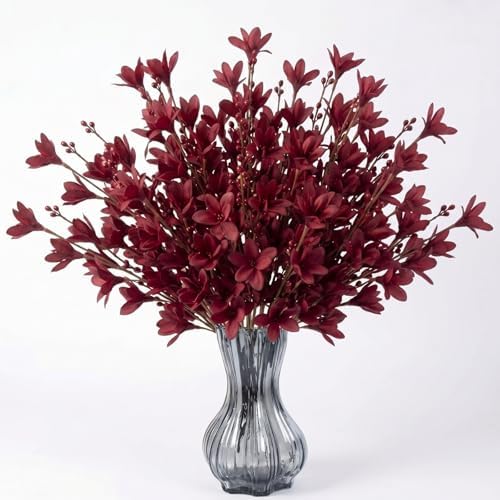 Yinder 12pcs Burgundy Fall Flowers 17inch Winter Jasmine Artifici...
