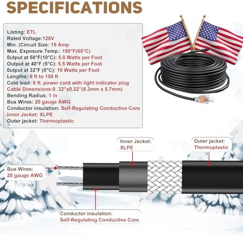 HEATIT JHSF1 24FT Self-Regulating Heating Cable, 120V 5W/ft - 5