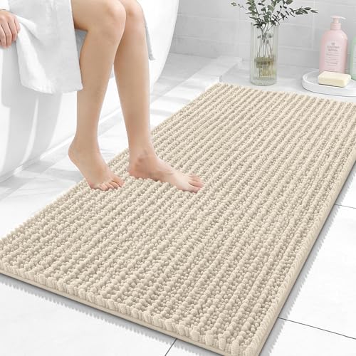 Image of OLANLY Bathroom Rug Mat 44x24, Thick Soft and Absorbent Chenille Bath Mat, Non-Slip Rubber Backing, Machine Washable Quick Dry Bath Rugs for Tub Shower Floor, Home Decor Accessories, Sand