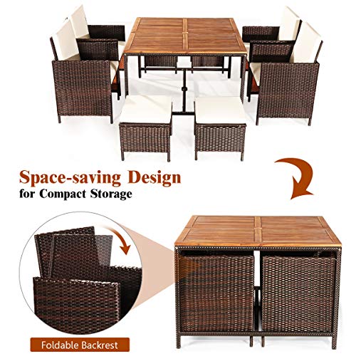 image for Tangkula 9 Pieces Wood Patio Dining Set, Space Saving Wicker Chairs an