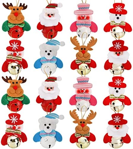 TOPZEA 16Pcs Christmas Bells Ornaments Pendant, Hanging Jingle Bells Ornament Felt Bulk Xmas Tree Decorations Santa Clause Snowman Reindeer Doll Elk Bear Ornaments for Christmas Tree, Door Home Decor