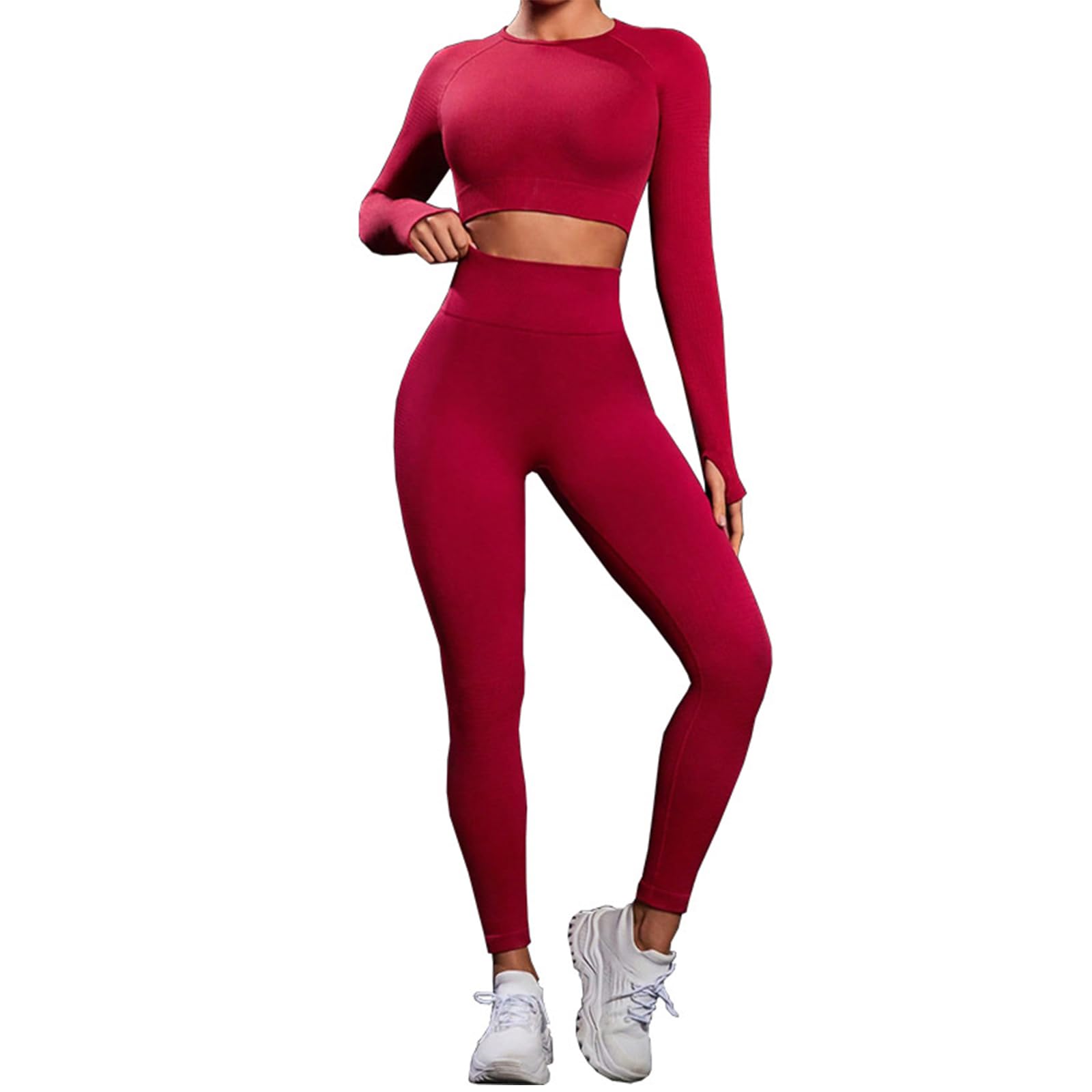 Conjunto Deportivo Mujer Conjunto de Entrenamiento de 2 Piezas Elásticos Leggings de Alta Cintura Top Deportivo de Mangas Largas Conjuntos de Ropa para Yoga Pilates