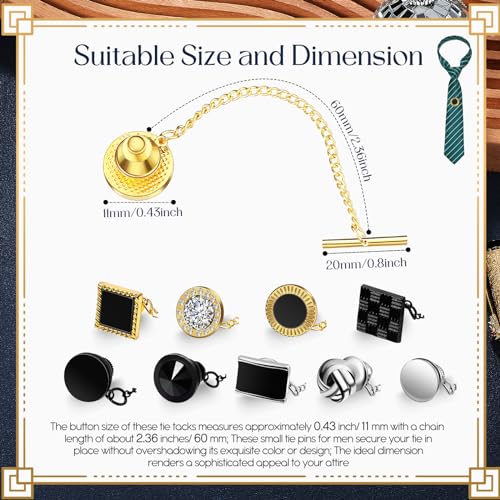 Misdary 9 Pcs Tie Tacks for Men Tie Pin with Chain Black Silver Gold Tack Clutch for Wedding Birthday Business Anniversary2