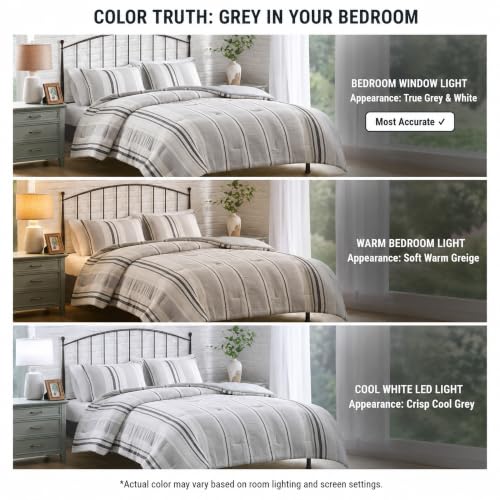 Image of Hyde Lane Boho Queen Comforter Set - 3-Piece Shabby Chic Bedding Sets, Farmhouse Bed Comforter with 2 Pillow Shams, All Season Cotton Top, Gray Striped
