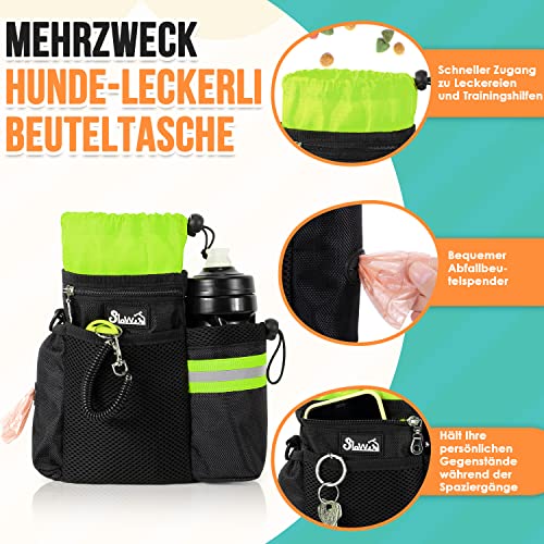 Eyein Leckerlibeutel für Hunde, Futterbeutel Hunde mit Kotbeutelspender und Wasserflaschenhalter, DREI Verwendungsarten-Hunde Leckerlitasche mit Verstellbarer Schultergurt/Gürtel/Gürtelclip, Grün