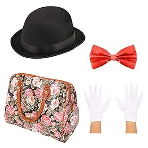 CONJUNTO DE DISFRACES DE NIÑERA MÁGICO EDUARDIANA – BOMBÍN + PAJARITA + GUANTES + BOLSA DE ALFOMBRA DE CUERO SINTÉTICA – DISFRAZ DE NIÑERA MÁGICA PERSONAJE DE LA SEMANA DEL LIBRO PELÍCULA (55 CM)