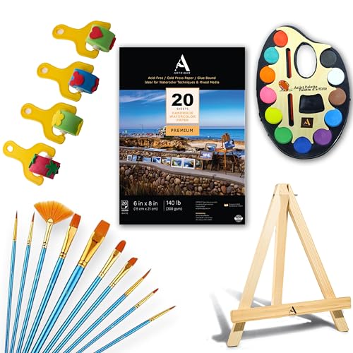 Image of 48 Pcs Economical Art Set for Beginners with Mini Wooden Easel, 12 Water Colour with Palette, Set of 10 Paint Brushes, A5 Watercolor Paper - 20 Sheets & Free Set of 4 Foam Rollers