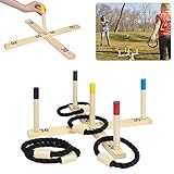 YZNAHRE Wurfspiel Ringwurfspiel Gartenspielzeug aus Kieferholz, Holzwurfspiel Holzspiel mit 5 Wurfringe & 5 Spielstäben