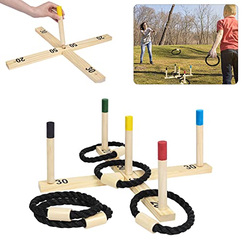 YZNAHRE Wurfspiel Ringwurfspiel Gartenspielzeug aus Kieferholz, Holzwurfspiel Holzspiel mit 5 Wurfringe & 5 Spielstäben